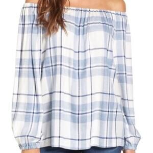 Two  Vince Camuto Petite XS Madras Plaid Off The Shoulder Long Sleeve Blouse